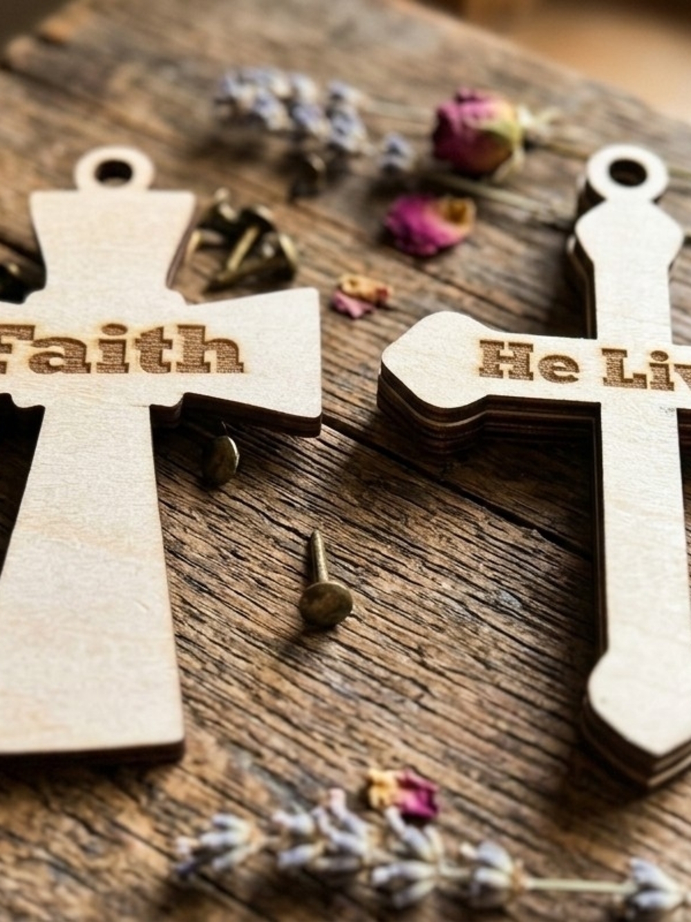 Wooden Cross Wall Plaques - Faith & He Lives - Natural Wood